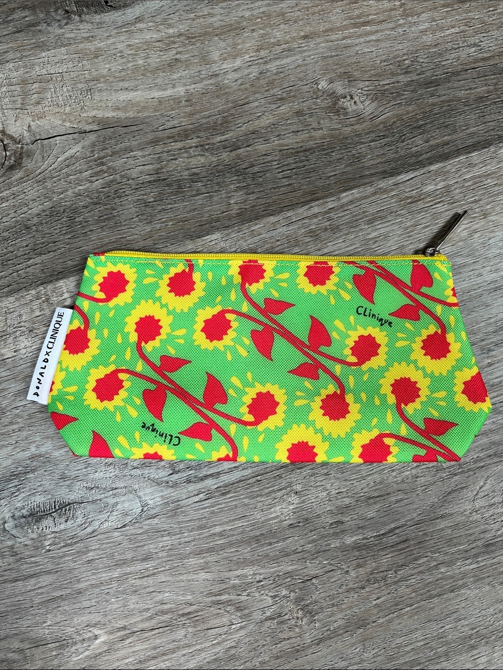 Donald x Clinique Green Floral Makeup Pouch with Yellow & Red Accents